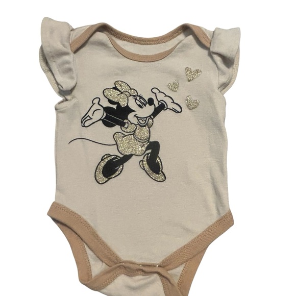 Disney Baby Minnie Mouse Bodysuit 3-6M Beige Glitter Hearts Ruffle‎ Sleeve - Picture 1 of 4